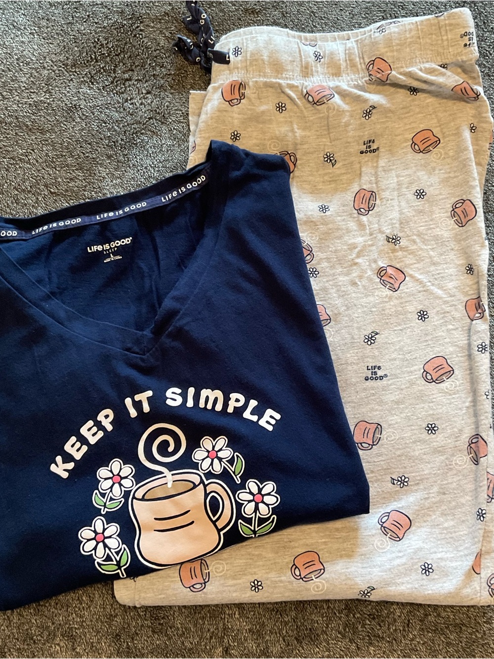 Life Is Good Women’s Navy Top Gray Coffee Mug-Print Pajama Set Sz Med - Lg